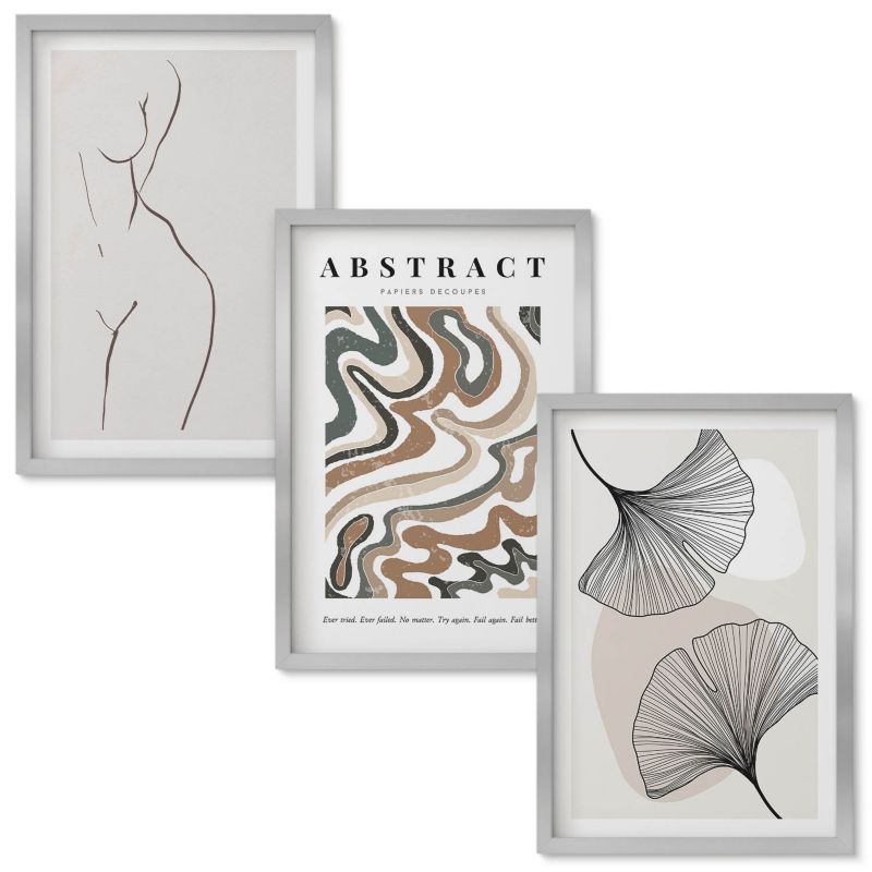Set Obrazów w Ramie Wallfluent Abstrakcyjne wzory boho kształty Srebrna rama 40x60 cm 3 szt.