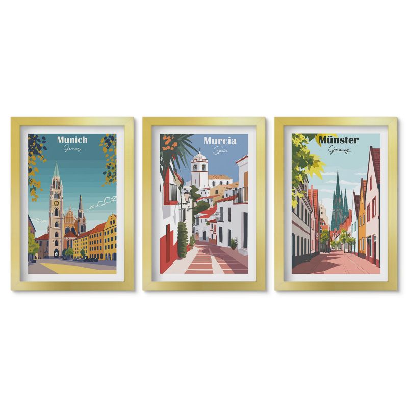 Komplet obrazów złota rama Tulup 20x30 cm Miasta Europy kolorowe rysunki Dekoracja ścienna do przedpokoju 1 kpl