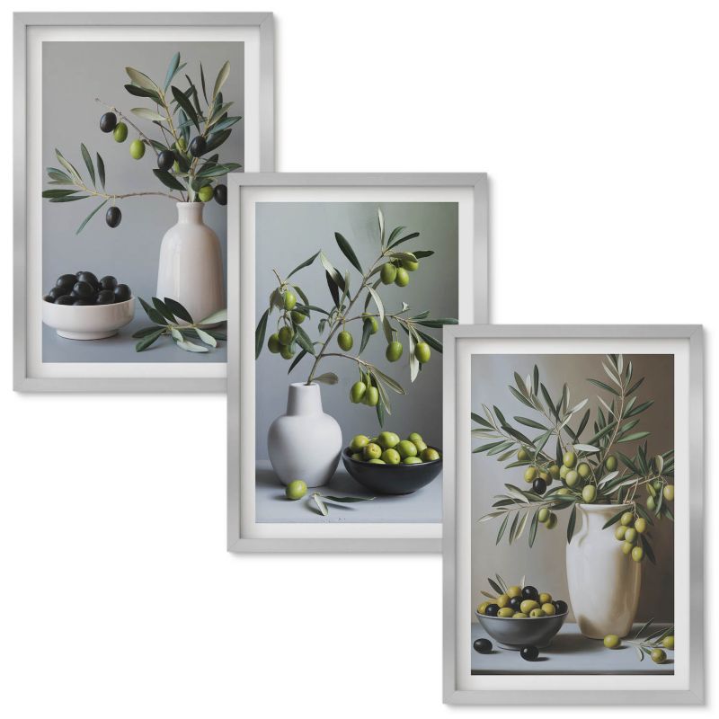 Set Obrazów w Ramie Wallfluent Oliwki w wazonach stonowane Srebrna rama 40x60 cm 3 szt.
