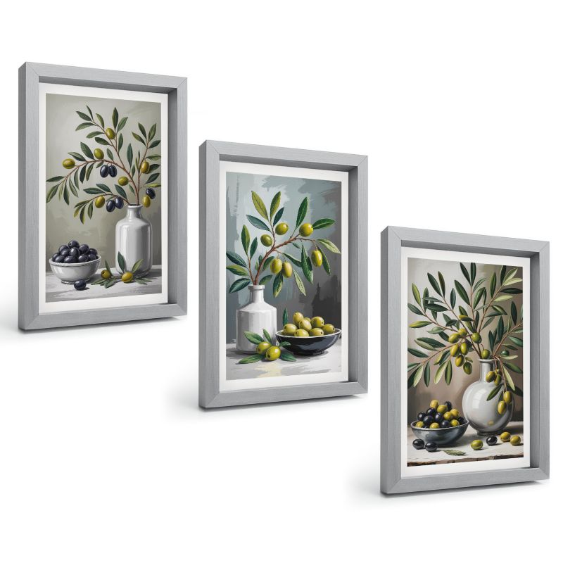 Galeria 3 Obrazów w Srebrnej Ramie ArtPrintCave 20x30 cm Komplet ścienny Oliwki ceramiczne szarość 1 kpl.