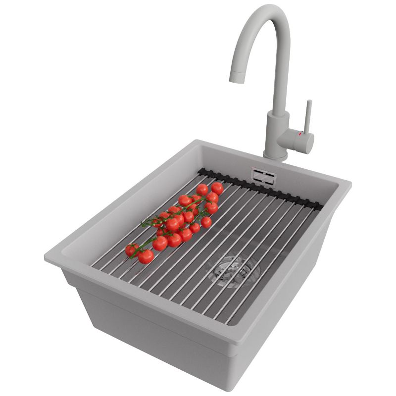 Zlewozmywak Granitowy Praga Level Slim PRIMAGRAN Nablatowy 36x47cm, Szary + Bateria + Syfon + Akcesorium, S060, 1 szt.