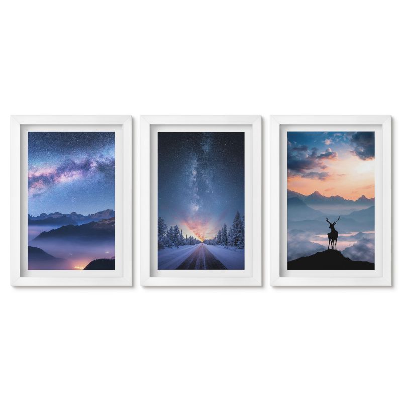 Zestaw 3 obrazów w białych ramach Tulup 20x30 cm Nocne niebo góry mgła jeleń Tryptyk 1 kpl
