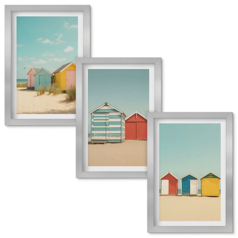 Tryptyk Obrazów w Ramie Wallfluent Kolorowe domki plaża słońce Srebrna rama 20x30cm 3 szt.