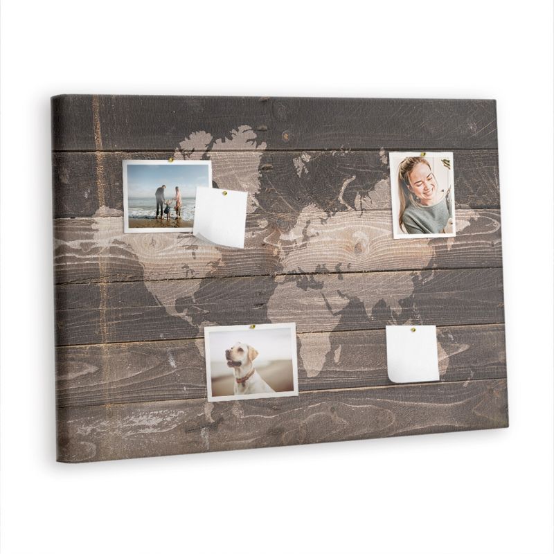 Tablica Korkowa Na Płótnie Tulup 100x70 cm Mapa świata na drewnie Ozdobna loft Pinezki metaliczne 1 kpl
