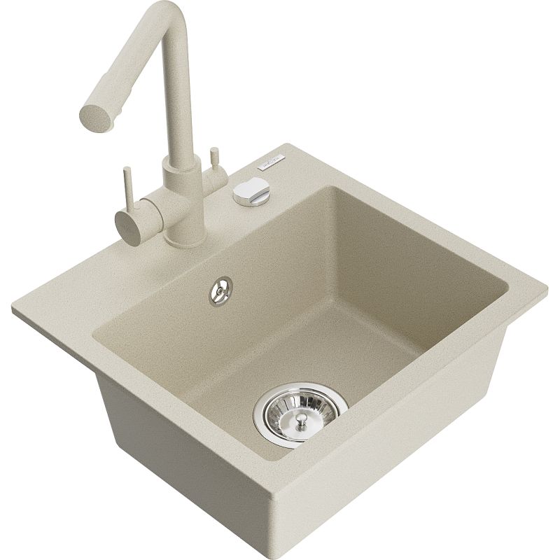 Zlewozmywak granitowy 1-komorowy Mexen Milo z baterią kuchenną Duero beżowy 6505-69-671600-69