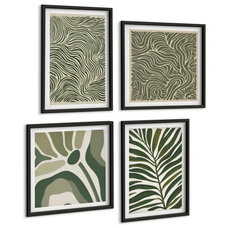 Czteroczęściowy Zestaw Obrazów ArtPrintCave (2x50x50+2x40x60cm) Czarna rama Wzory liści i faliste kształty 1 kpl.