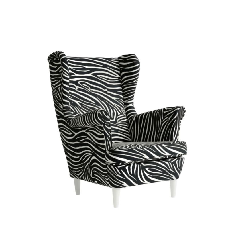 Fotel uszak skandynawski czarno biały zebra Design Ari Print Family Meble 1szt.