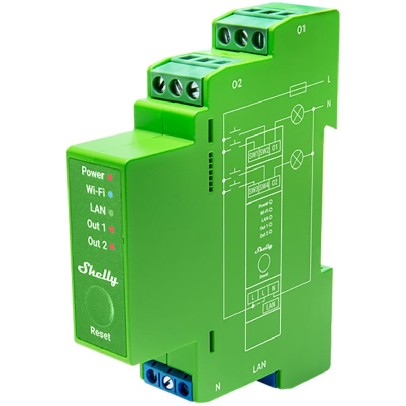 Ściemniacz smart Shelly Pro Dimmer 2PM WiFi LAN 2-kanałowy DIN, limonkowy, 1 szt.
