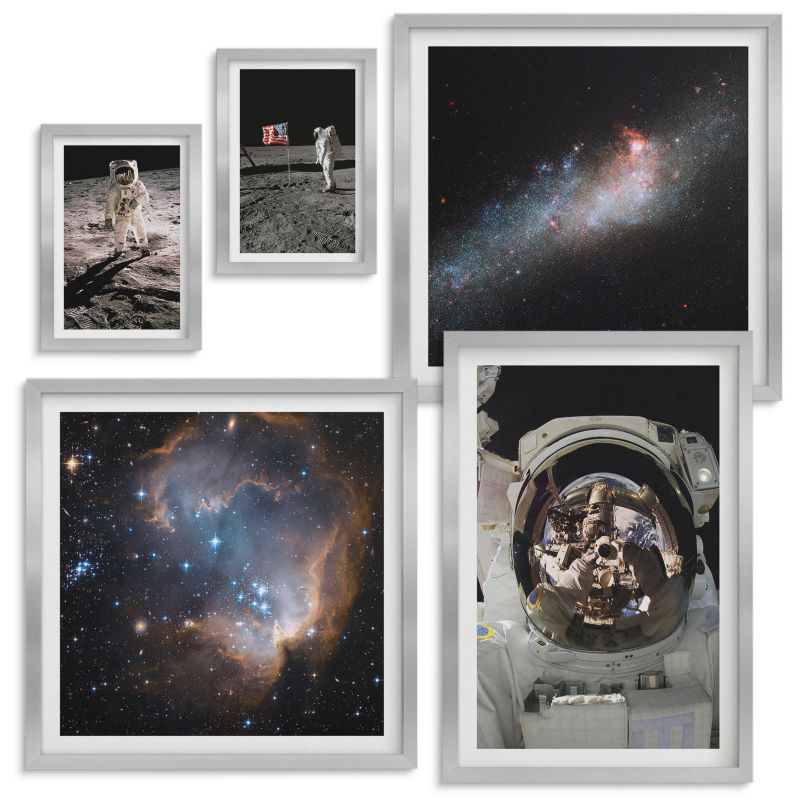 Zestaw obrazów Wallfluent Lądowanie astronautów Księżyc Srebrna rama 5 szt.