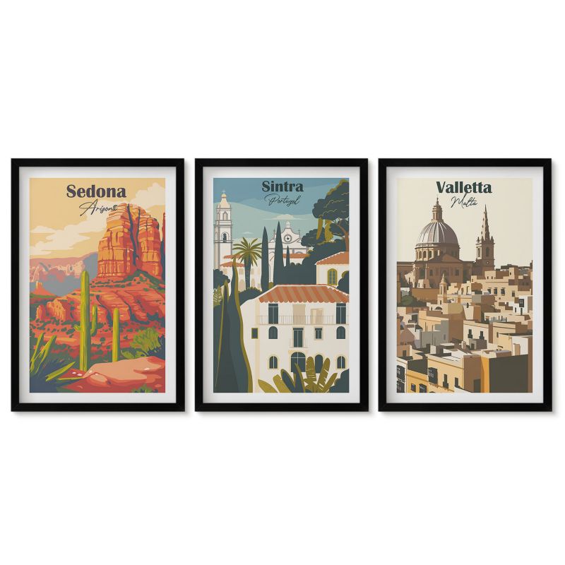 Trzy obrazy w czarnej ramie zestaw Tulup 40x60 cm Widoki Sedona Sintra Valletta retro Obrazy w czarnej ramie 1 kpl