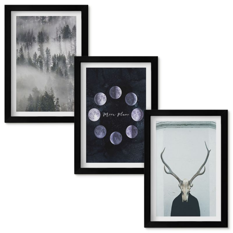 Zestaw obrazów Wallfluent Krajobraz leśny mgła księżyc czaszka jelenia Czarna rama 20x30cm 3 szt.