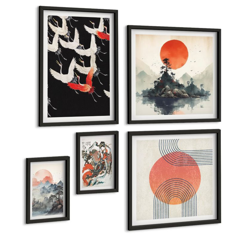 Zestaw Obrazów 5 Częściowy ArtPrintCave (2x50x50+2x20x30+40x60cm) Czarna rama Azjatyckie pejzaże japandi 1 kpl.
