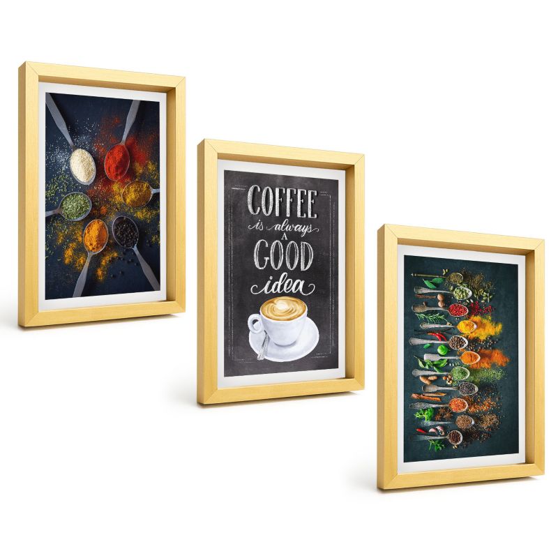 Galeria 3 Obrazów w Złotej Ramie ArtPrintCave 20x30 cm Komplet ścienny Przyprawy kawa zioła wzory 1 kpl.