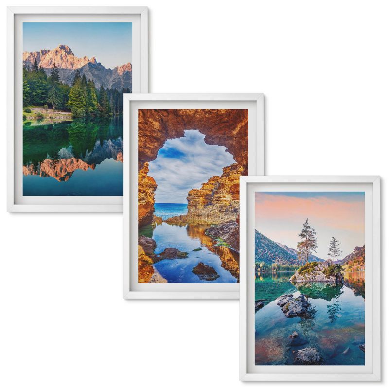 Obrazy do Salonu Wallfluent Górskie jeziora odbicia skały Biała rama 40x60 cm 3 szt.