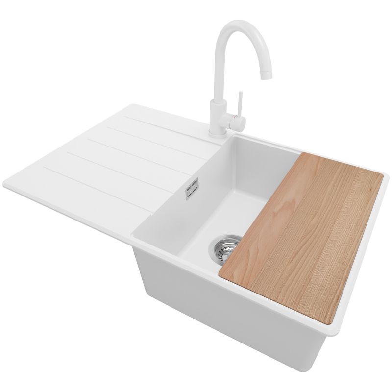Zlewozmywak Granitowy Kopenhaga Top PRIMAGRAN Nablatowy 78x50cm do Szafki od 50cm, Biały + Bateria + Syfon + Deska, S539, 1 szt.