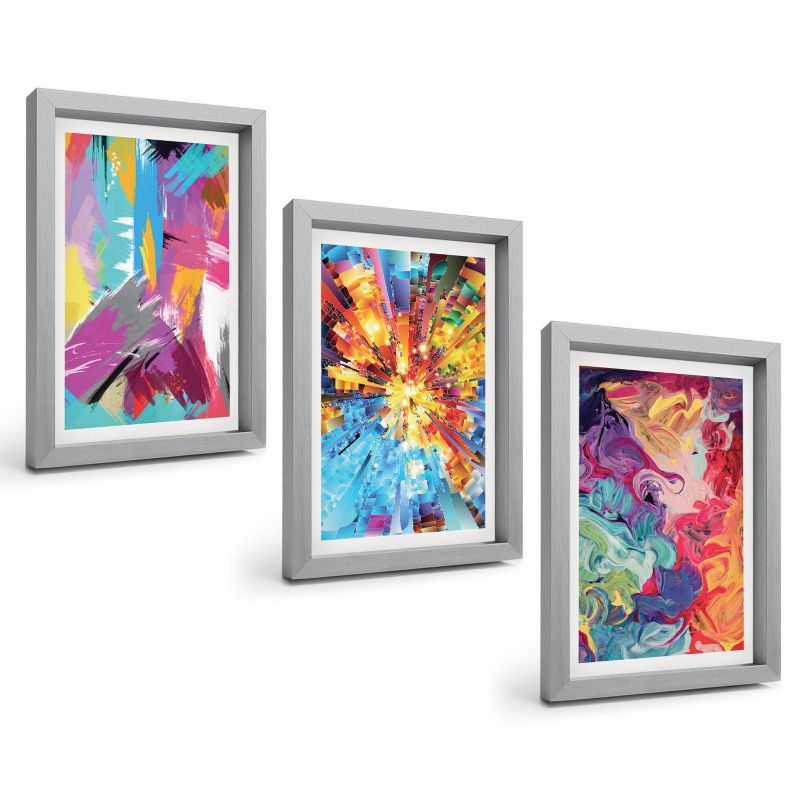 Trzyczęściowy Zestaw Obrazów ArtPrintCave 20x30 cm Srebrna rama Kolorowe abstrakcje farb wzory 1 kpl.