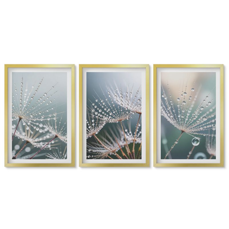 Trzy obrazy w złotej ramie zestaw Tulup 40x60 cm Krople wody na dmuchawcach Obrazy nad biurko zestaw złota rama 1 kpl