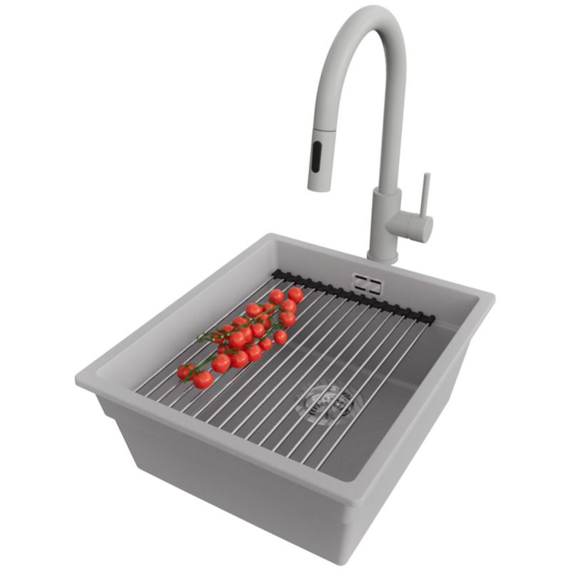 Zlewozmywak Granitowy Praga Level Slim PRIMAGRAN Nablatowy 41x47cm, Szary + Bateria + Syfon + Akcesorium, S133, 1 szt.
