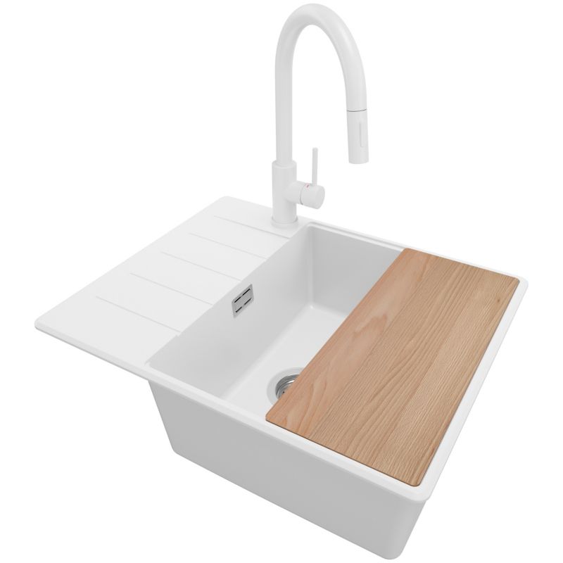 Zlewozmywak Granitowy Kopenhaga Top PRIMAGRAN Nablatowy 62x50cm do Szafki od 50cm, Biały + Bateria + Syfon + Deska, S453, 1 szt.