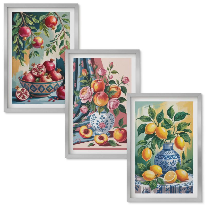 Zestaw obrazów Wallfluent Kwiaty owoce w wazonach Srebrna rama 40x60 cm 3 szt.