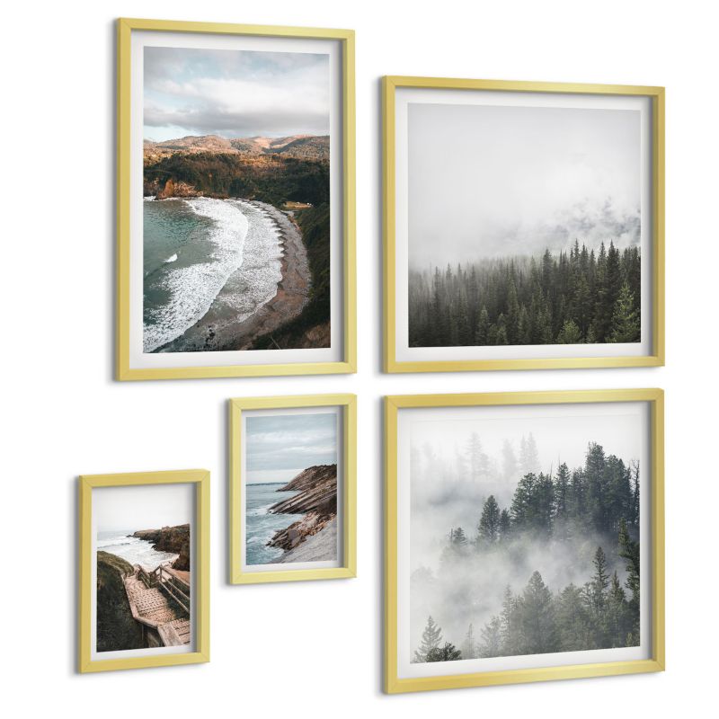 Zestaw Obrazów 5 Częściowy ArtPrintCave (2x50x50+2x20x30+40x60cm) Złota rama Widoki klifów plaża pejzaże 1 kpl.
