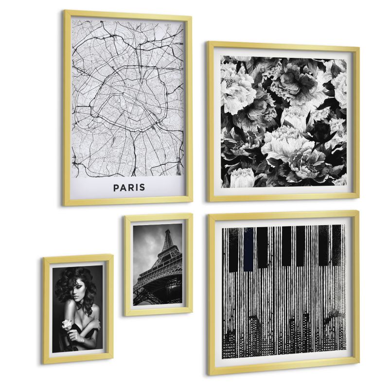 Zestaw Obrazów 5 Częściowy ArtPrintCave (2x50x50+2x20x30+40x60cm) Złota rama Portret kobiety różą Eiffla 1 kpl.