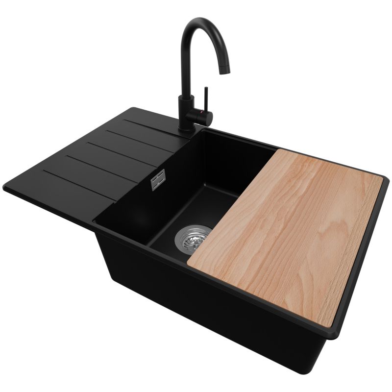 Zlewozmywak Granitowy Kopenhaga Top PRIMAGRAN Nablatowy 78x50cm do Szafki od 60cm, Czarny + Bateria + Syfon + Deska, S631, 1 szt.