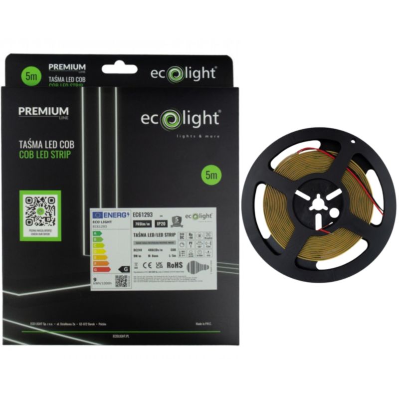Taśma LED COB 24V 480 LED 9W/m 4000K IP20 Free Cut 5m Funkcjonalna Eco Light 1 Szt.