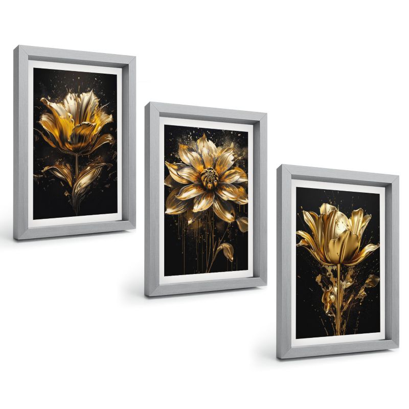 Galeria 3 Obrazów w Srebrnej Ramie ArtPrintCave 20x30 cm Komplet ścienny Kwiaty żółte ciemne tło 1 kpl.