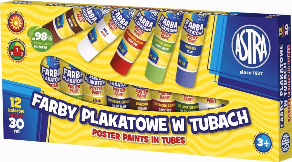 Outlet: USZKODZONE OPAKOWANIE Farby plakatowe Astra, w tubkach, 30ml, 12 sztuk, mix kolorów