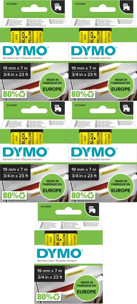5x Taśma Dymo D1, 19mmx7m, nadruk czarny, taśma żółta