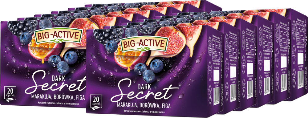 12x Herbata owocowo-ziołowa w kopertach Big Active Dark Secret, jeżyna/borówka/figa/marakuja + czarnuszka, 20 sztuk x 2.25g