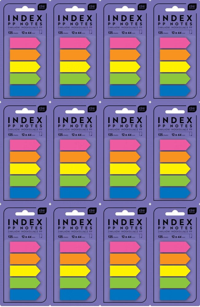12x Zakładki Interdruk strzałki, indeksujące, polipropylen, 12x44mm, 5x50 sztuk, mix kolorów neonowych