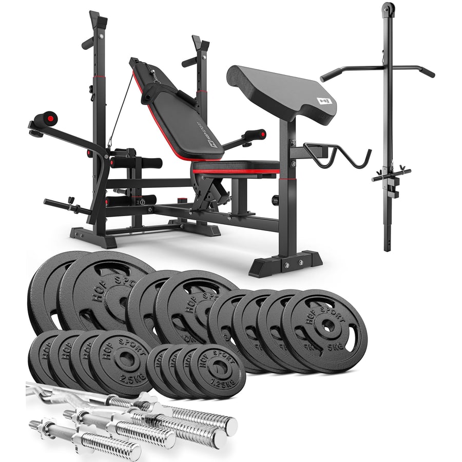 Ensemble d’haltères en fonte 116 kg avec banc de musculation HS-1075 et poulie haute