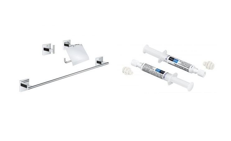 Zestaw Grohe Start Cube akcesoria łazienkowe 3 szt chrom i klej montażowy QuickFix (41124000, 41128000)