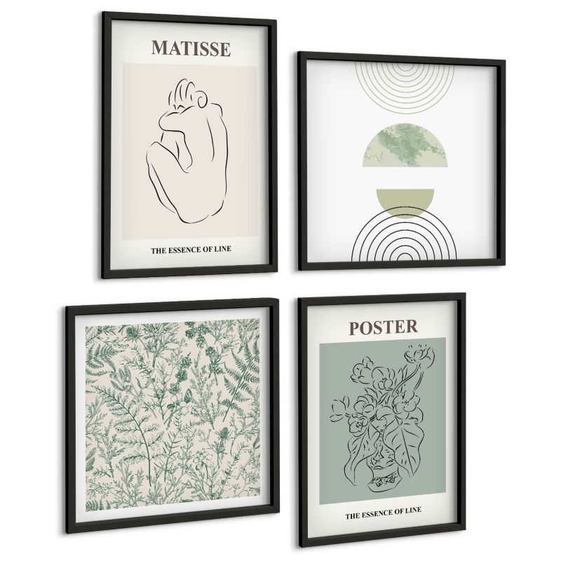 Galeria 4 Obrazów ArtPrintCave (2x50x50+2x40x60cm) Czarna rama Linie roślinne wzory minimalizm 1 kpl.