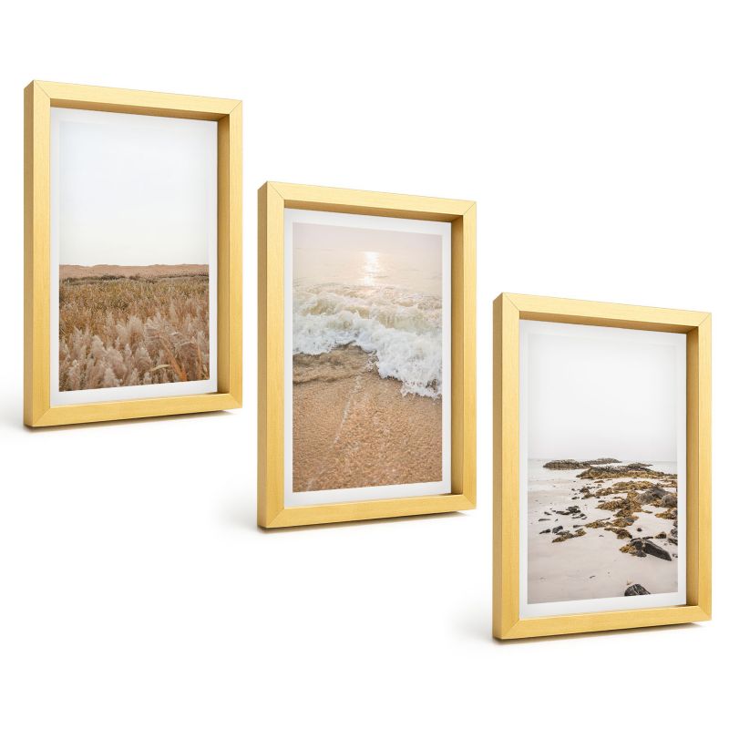 Galeria 3 Obrazów w Złotej Ramie ArtPrintCave 20x30 cm Komplet ścienny Plaża fale kamienie lato 1 kpl.