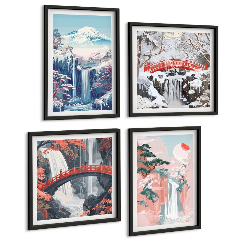 Czteroczęściowy Zestaw Obrazów ArtPrintCave (2x50x50+2x40x60cm) Czarna rama Wodospady góry most drzewa 1 kpl.