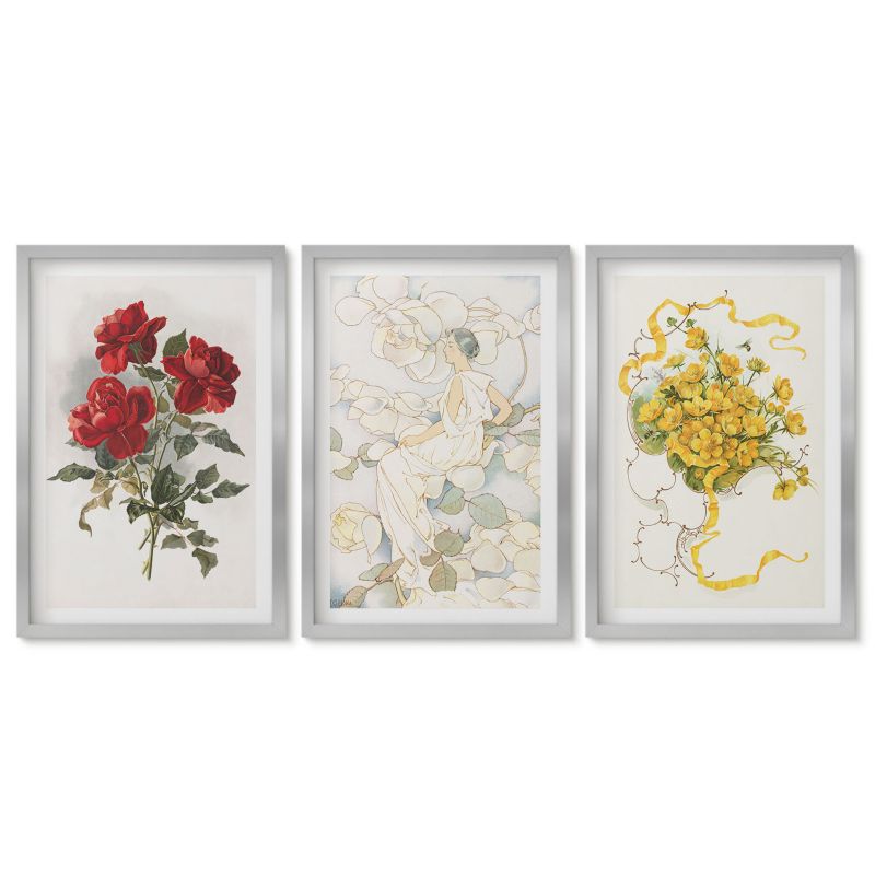 Seria obrazów 3 sztuki Tulup 40x60 cm Róże czerwień srebrna postać Tryptyk 1 kpl