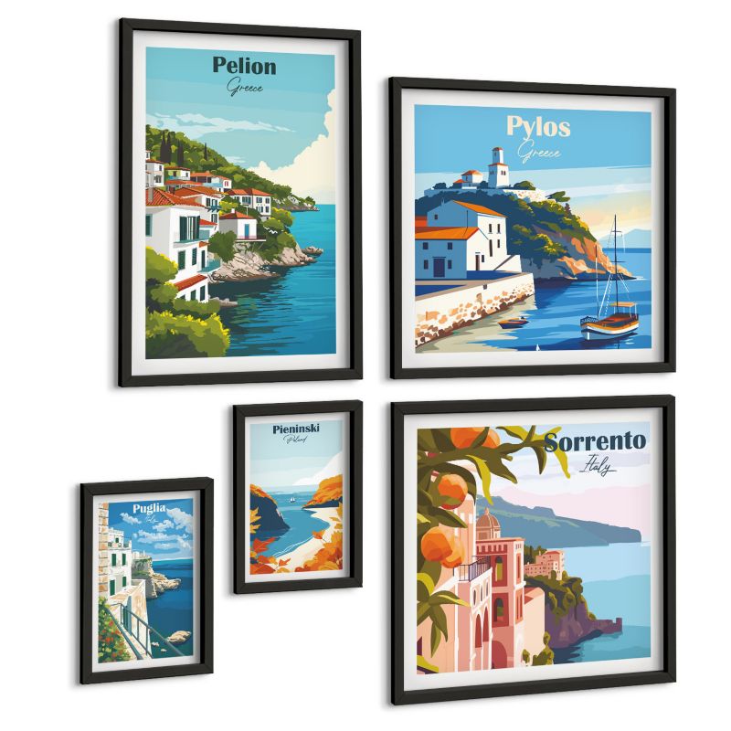 Galeria 5 Obrazów ArtPrintCave (2x50x50+2x20x30+40x60cm) Czarna rama Kolorowe ilustracje miast retro 1 kpl.