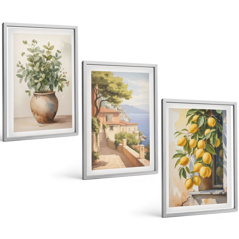 Zestaw Obrazów 3 Częściowy ArtPrintCave Srebrne Ramki 40x60 cm Dekoracja do Sypialni Kwiaty w wazonie morze cytryny 1 kpl.