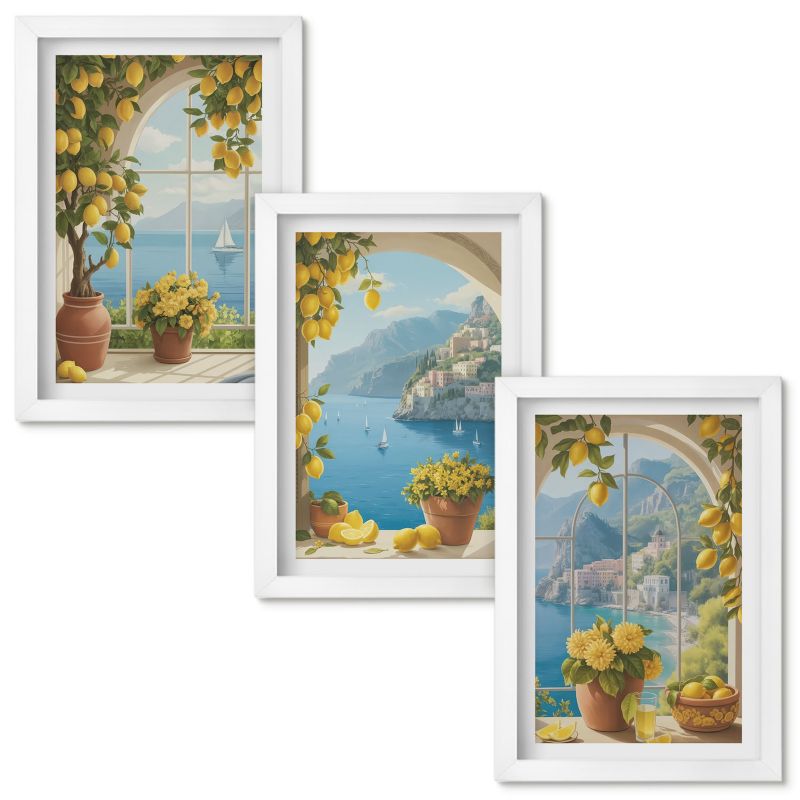 Set Obrazów w Ramie Wallfluent Krajobrazy morza cytryny okna Biała rama 20x30cm 3 szt.