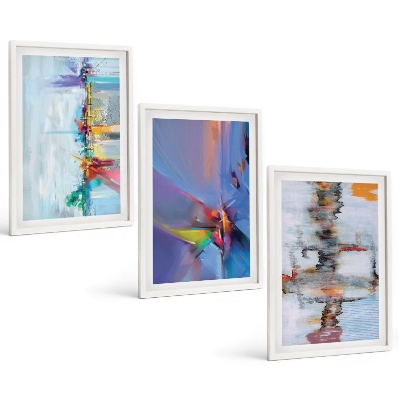 Zestaw 3 Obrazów w Białej Ramie ArtPrintCave 40x60 cm Galeria Ścienna Abstrakcyjne malarskie kompozycje 1 kpl.