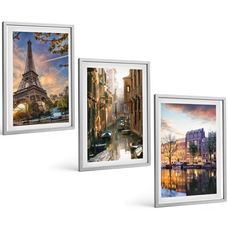 Trzyczęściowy Zestaw Obrazów ArtPrintCave 40x60 cm Srebrna rama Wieża Eiffla kanały Wenecji Amsterdam 1 kpl.