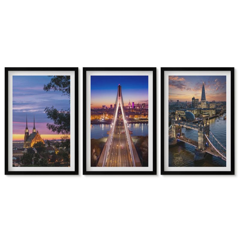 Trzy obrazy w czarnej ramie zestaw Tulup 40x60 cm Widoki mostów i zachody słońca Stylowa galeria nad biurko 1 kpl
