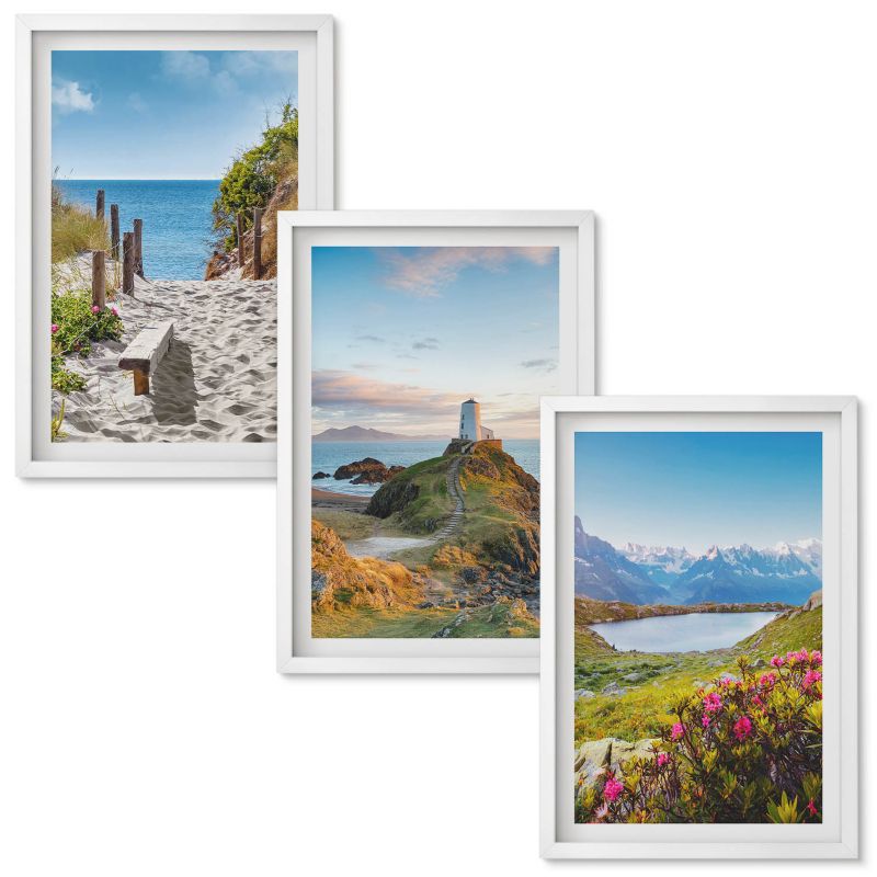 Tryptyk w Ramie Wallfluent Plaża latarnia góry kwiaty Biała rama 40x60 cm 3 szt.