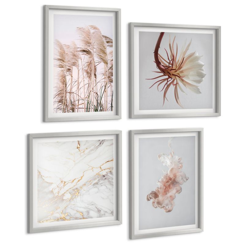 Czteroczęściowy Zestaw Obrazów ArtPrintCave (2x50x50+2x40x60cm) Srebrna rama Eleganckie kwiaty trawy marmur 1 kpl.