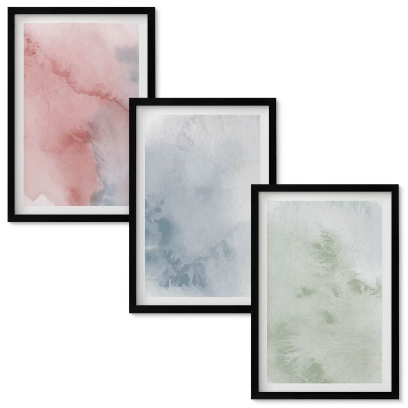 Set Obrazów w Ramie Wallfluent Pastelowe struktury akwareli Czarna rama 40x60 cm 3 szt.