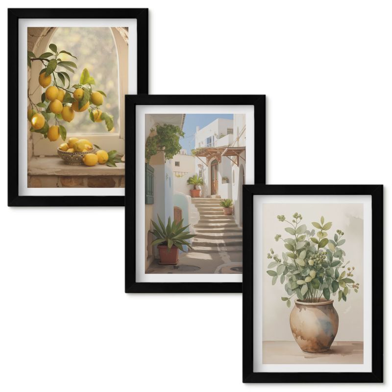 Obraz Ścienny Zestaw Wallfluent Cytryny w wazonie rośliny Czarna rama 20x30cm 3 szt.