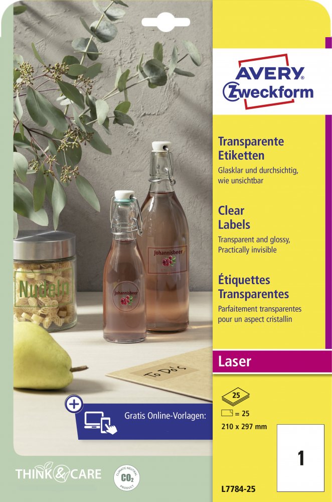 Etykiety oznaczeniowe Avery Zweckform Crystal Clear, 210x297mm, 25 arkuszy, przezroczysty